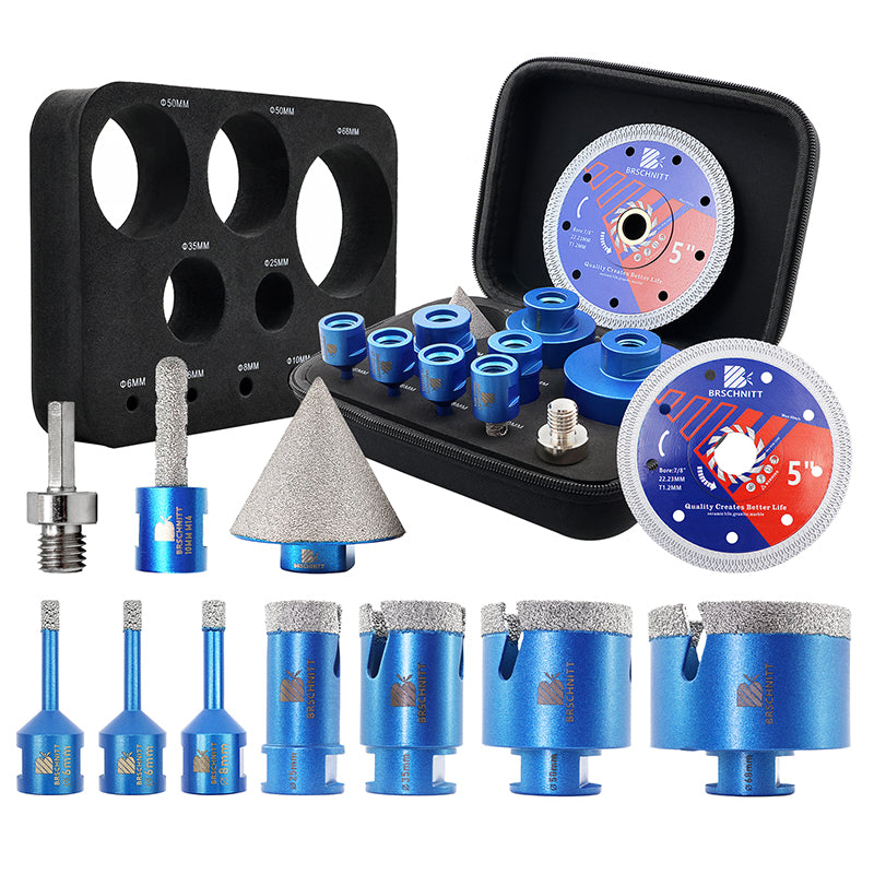 BRSCHNITT 11pcs M14 Thread Diamond Drill Bit Set 6-68mm with Milling Bit Adapter Chamfer Bit for Tile Granite