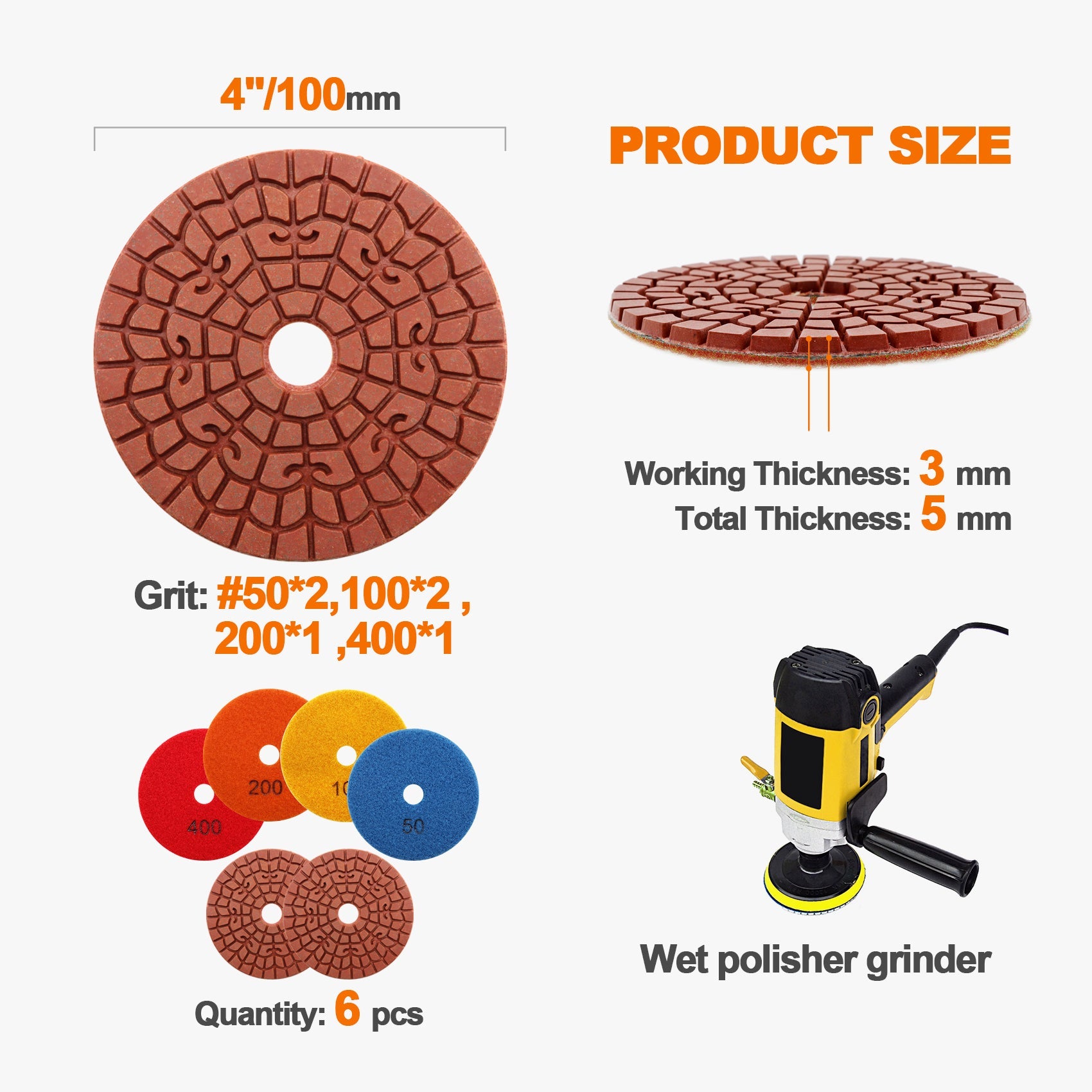 BRSCHNITT Auspicious Cloud Type Metal Wet Grinding Disc 1pc or 6pcs 4" Granite Marble Artificial Stone Polishing Pads