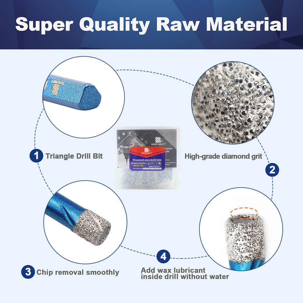 BRSCHNITT Triangle Shank Diamond Core Drill Bit Set 10pcs 6-10mm Dry Drilling for Porcelain Tile Granite Marble
