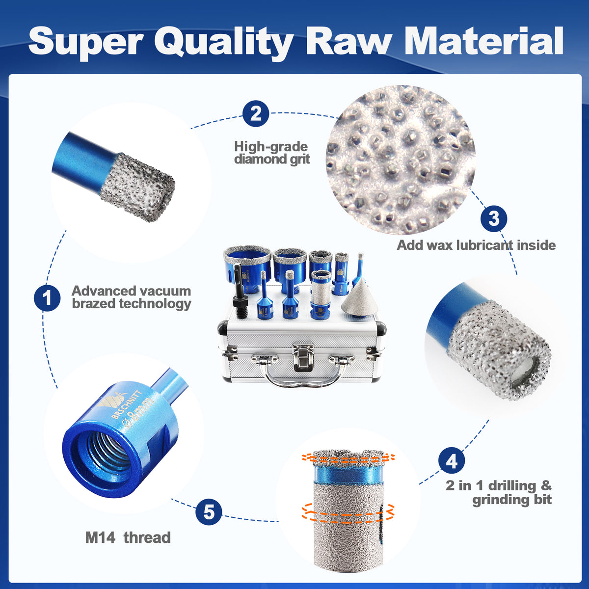 BRSCHNITT 10pcs M14 Diamond Drill Bit Kit 6-68mm with Milling Bit Chamfer SDS Adapter for Marble Granite