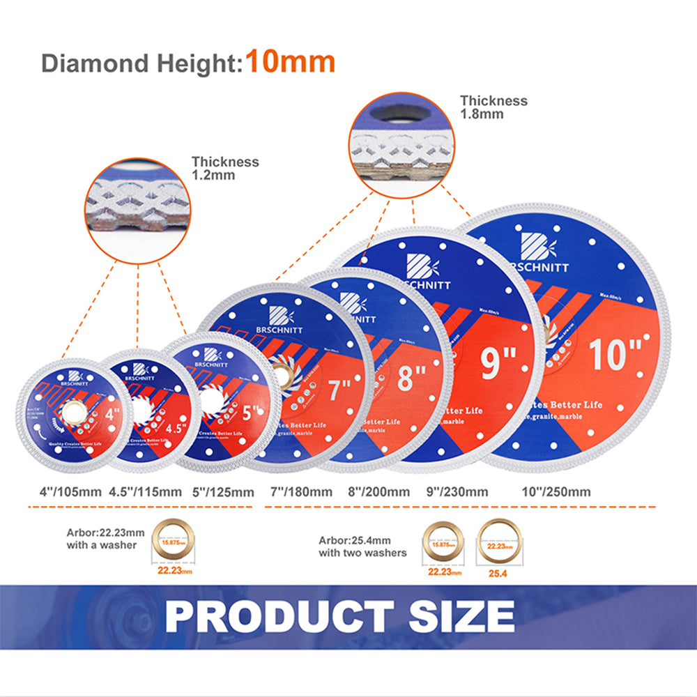 BRSCHNITT Diamond X Mesh Cutting Disc Dia 4"/4.5" /5"/7"/8"/9"/10" Cutting Ceramic Porcelain Tile Marble Granite Hot Pressed Turbo Saw Blade