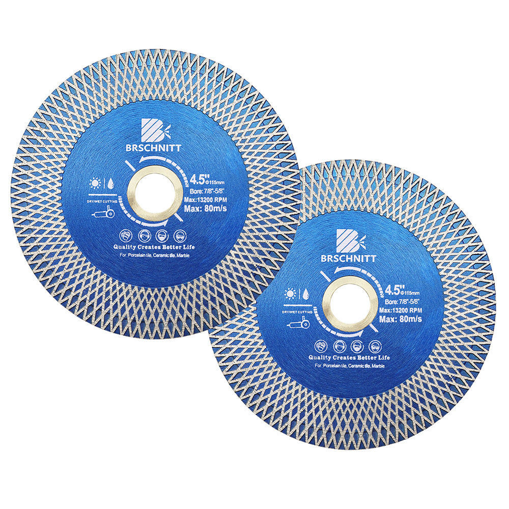 BRSCHNITT Diamant-Schneid- und Schleifsägeblatt, doppelseitig, X-Maschen, 1 Stück oder 2 Stück, Durchmesser 4"/4,5"/5" Keramikfliesen, Porzellan, Marmor, Stein, Trennscheibe