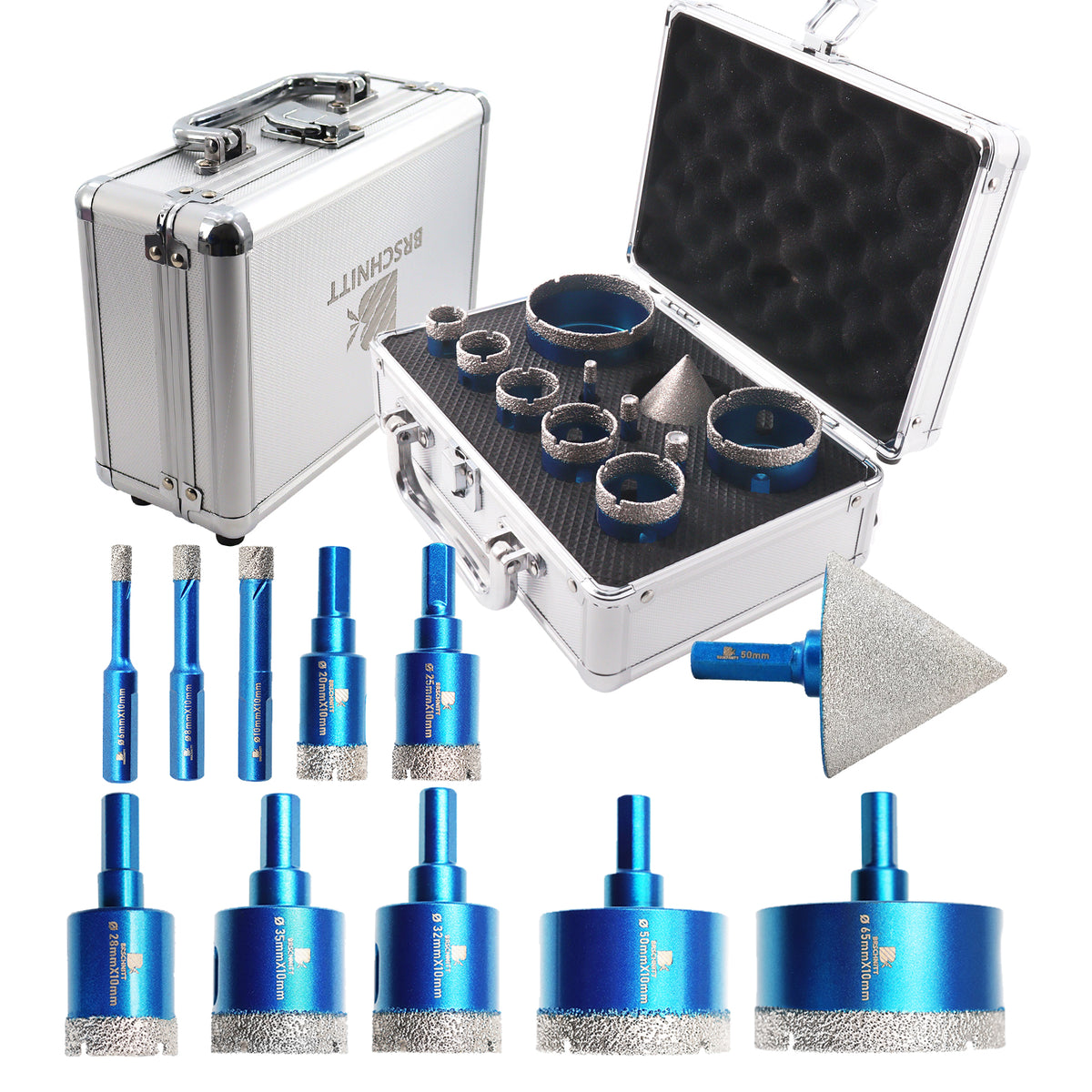 BRSCHNITT Triangle Shank Diamond Core Drill Bit Set 11pcs 6-65mm with Chamfer Bit for Tile Marble Granite
