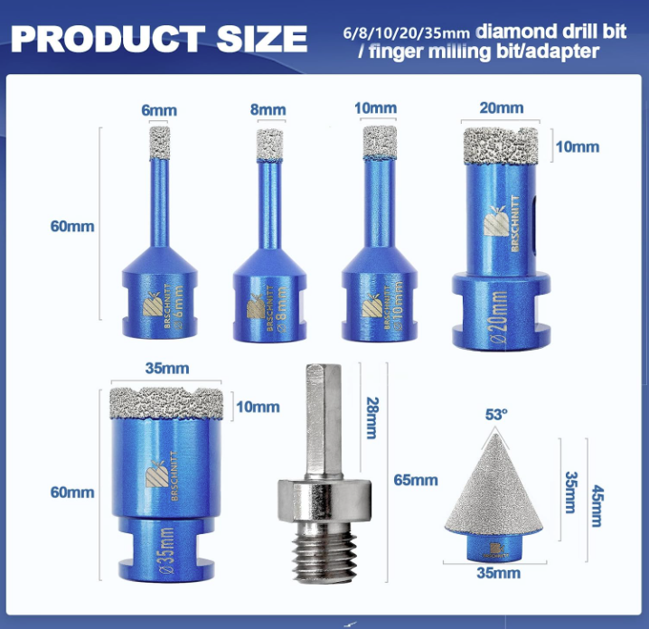 BRSCHNITT M14Thread Diamond Drill Bit Set 6-35mm with 35mm Finger Router for Tile Porcelain Granite Marble