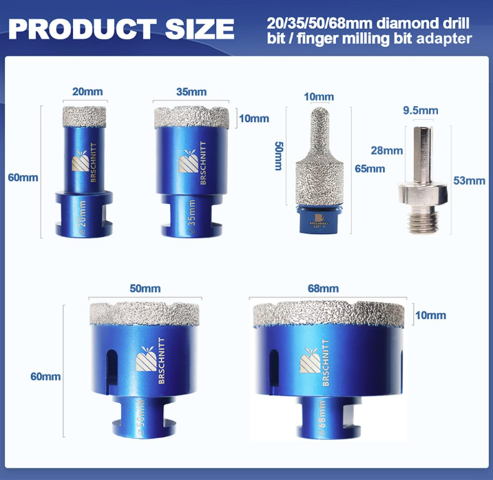 BRSCHNITT M14 Diamond Drill Bit Set 20-68mm with 10-25mm Finger Router for Tile Porcelain Granite Marble