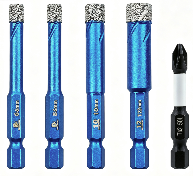 BRSCHNITT Quick-Fit Shank Serrated Carbide Masonry Drill Bit Set with Phillips Bits for Brick Ceramic Tile Wood Plastic