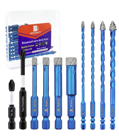 BRSCHNITT 10pcs Diamond & Carbide Masonry Drill Bits 3/16"–3/8" with 1/4" Hex Shank and PH2 Screwdriver Bits