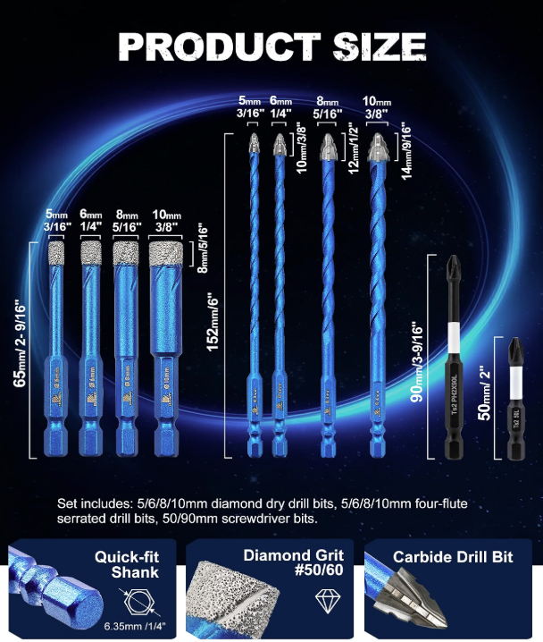 BRSCHNITT 10pcs Diamond & Carbide Masonry Drill Bits 3/16"–3/8" with 1/4" Hex Shank and PH2 Screwdriver Bits