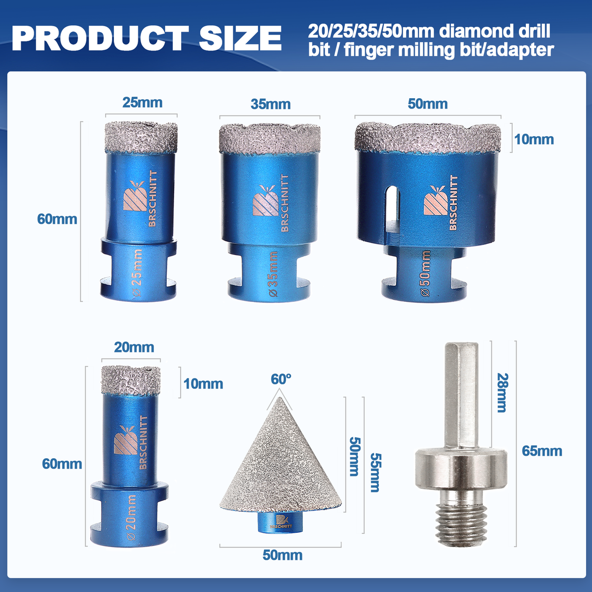 BRSCHNITT M14 Vacuum Brazed Diamond Drill Bit Set 20-50mm with 50mm Chamfer Bit for Tile Porcelain Granite Marble