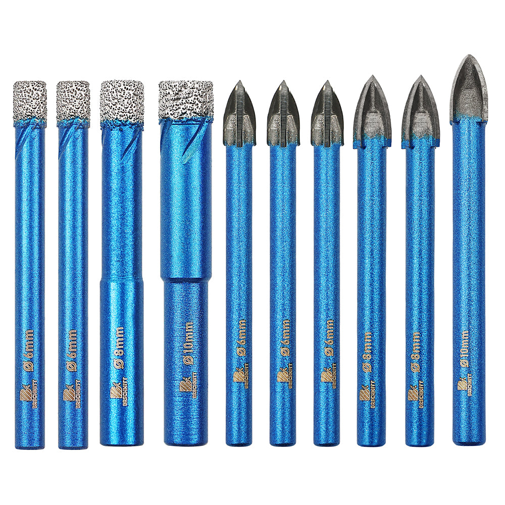 BRSCHNITT Dry Diamond Hole Saw Set 10pcs 6-10mm with Carbide Drill Bits for Porcelain Tile Ceramic Stone