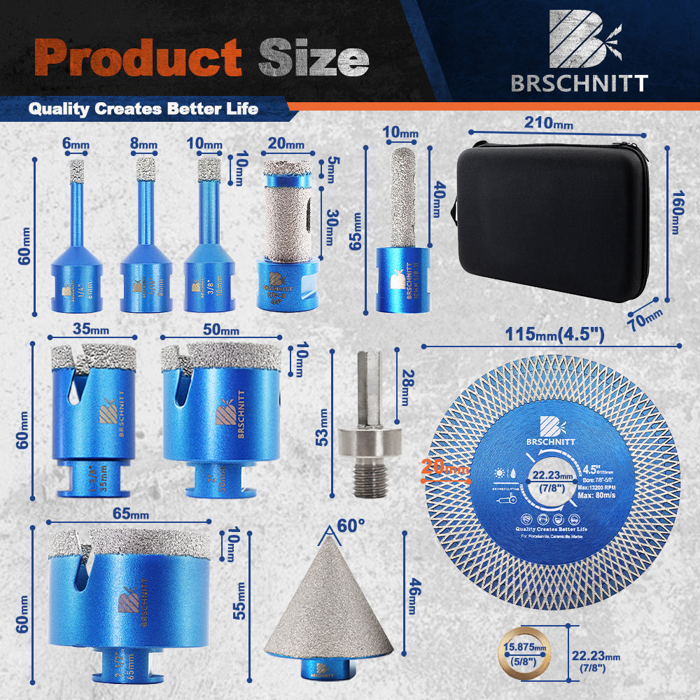 6-65mm Diamond 11pcs Diamond Drill Set Hole Saw Kit Chamfer Milling Bit 125mm Cutting Disc Adapter Tile Marble Granite EVA Box 58-11