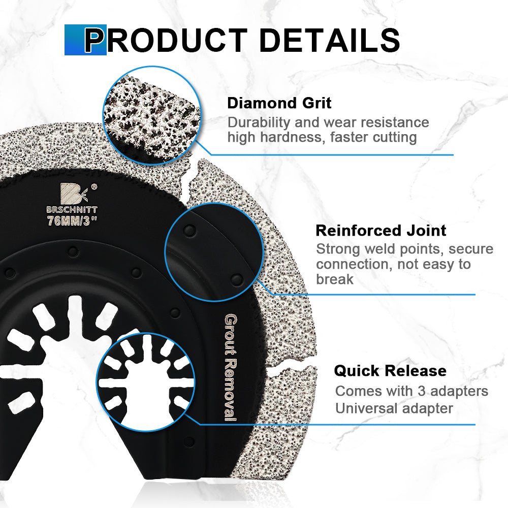 BRSCHNITT Diamond Grit Oscillating Saw Blades 2"/3" for Grout Removal Tile Cement Concrete