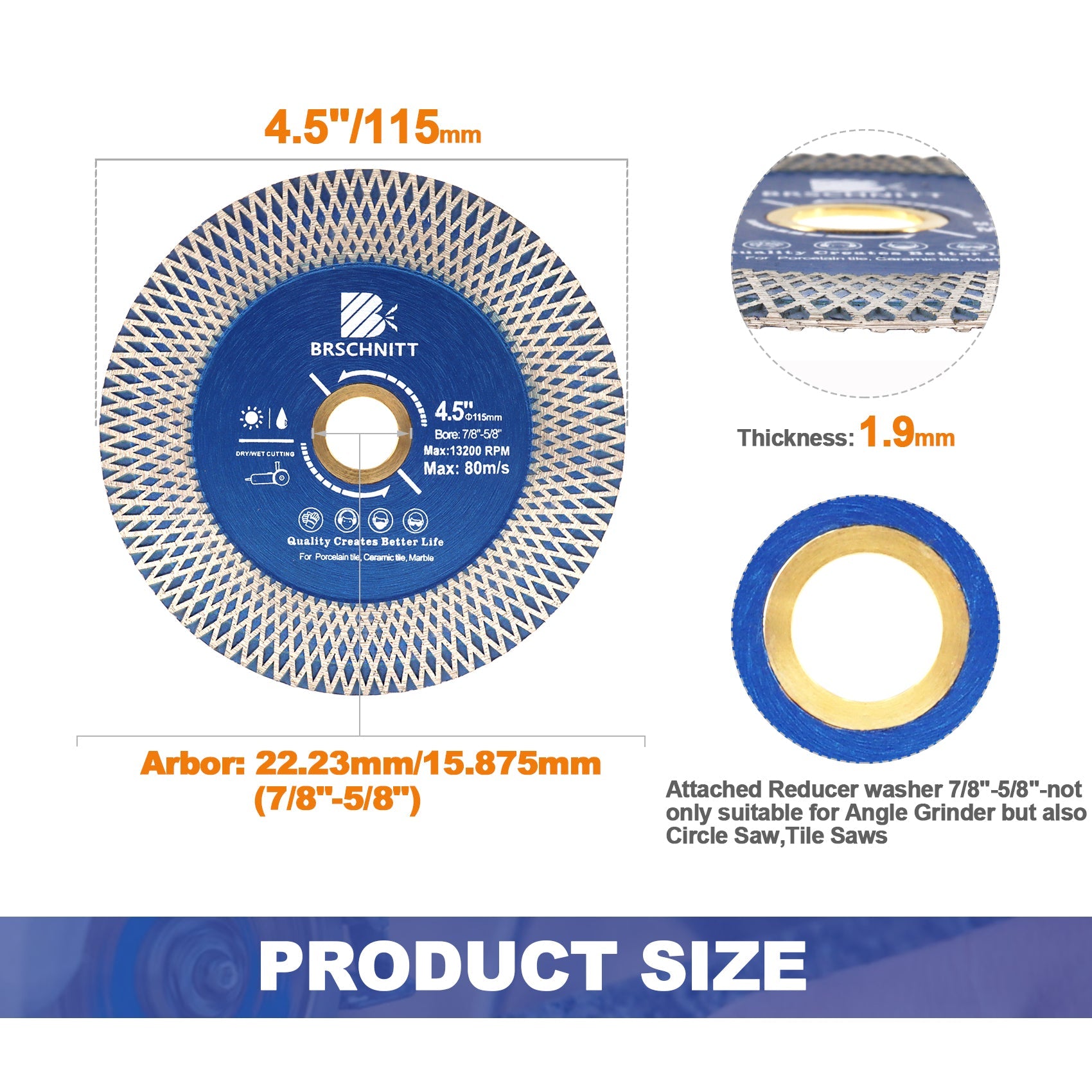 BRSCHNITT Diamond Cutting Grinding Saw Blade Double-sided X Mesh 1pc or 2pcs Dia 4.5"/115mm Ceramic Tile Porcelain Marble Stone Cutting Disc