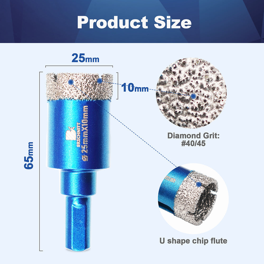 BRSCHNITT Diamond Drill Core Bit Vacuum Brazed 2pcs Dia 25mm Granite Marble Porcelain Tile Ceramic with Triangle Shank Hole Saw