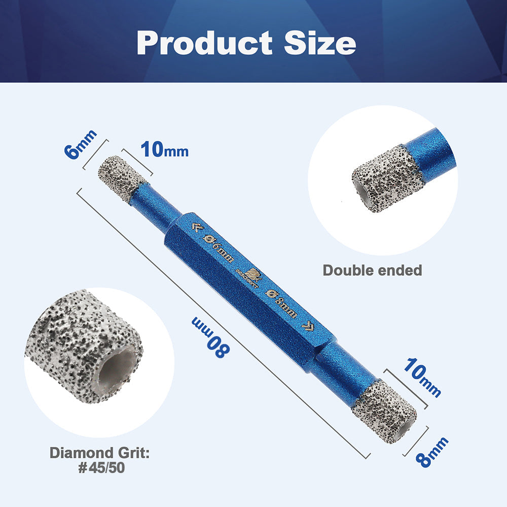 BRSCHNITT Trockener doppelseitiger Diamantbohrer, Kernbohrer, 1/2/5 Stück, Durchmesser 6–6 mm, 6–8 mm, für Granit, Marmor, Mauerwerk, Fliesen, Keramik, vakuumgelötet, Säge