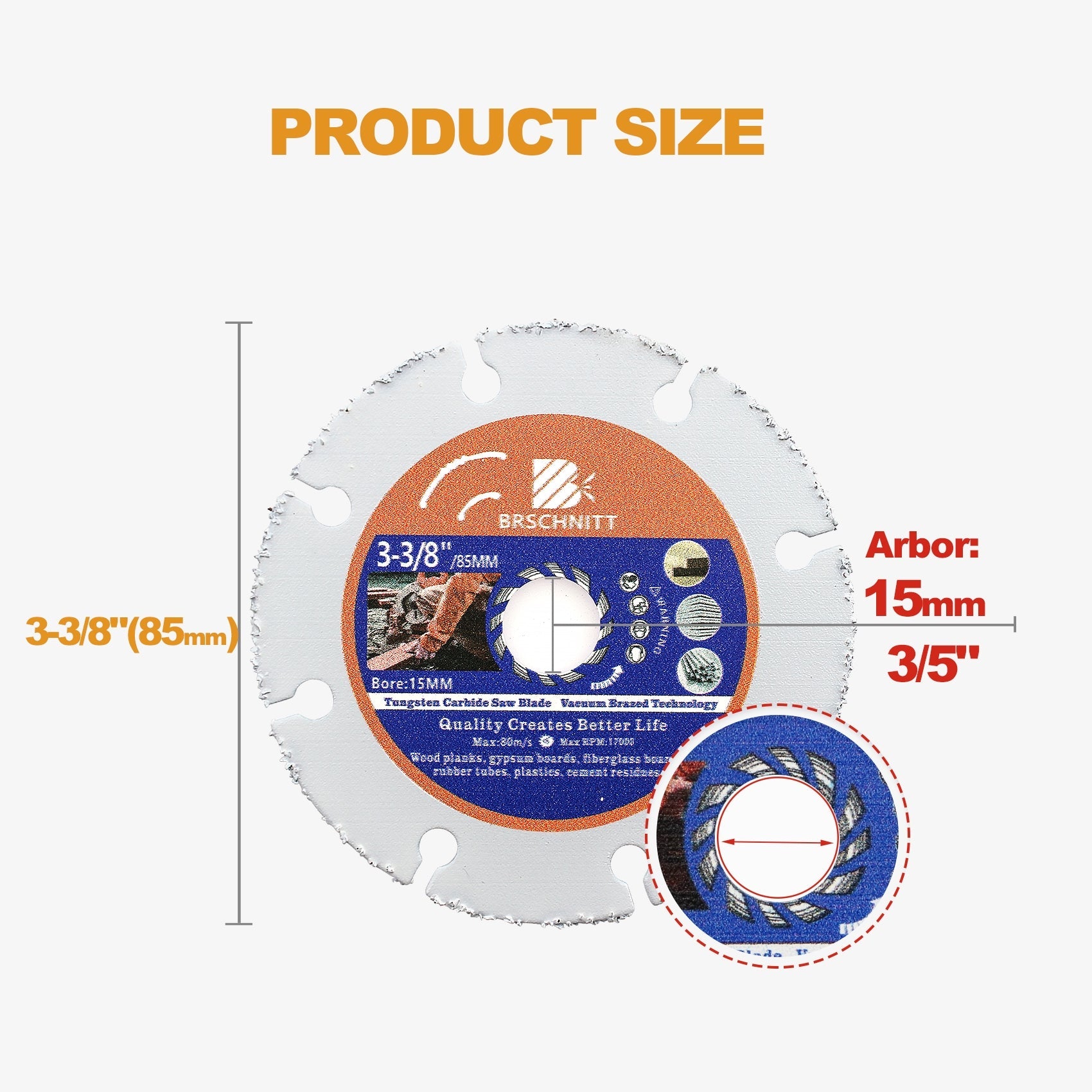 BRSCHNITT Vacuum Brazed Wood Cutting Disc 1pc Dia 3-3/8" 85mm for Wood Laminate Gypsum Board Plastic for Angle Grinder Saw Blade
