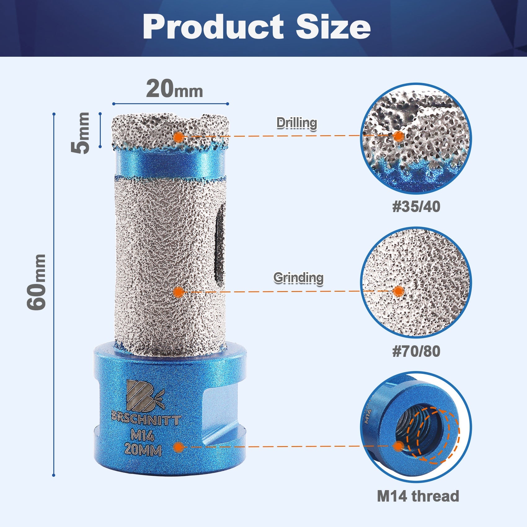 Foret diamanté BRSCHNITT 1 ou 2 forets de perçage et de fraisage pour trous de 20/25/35/50/68/75 mm de diamètre, pour agrandir le trou, pour porcelaine, céramique, carrelage, granit, marbre, pierre, filetage 5/8"-11 ou M14.