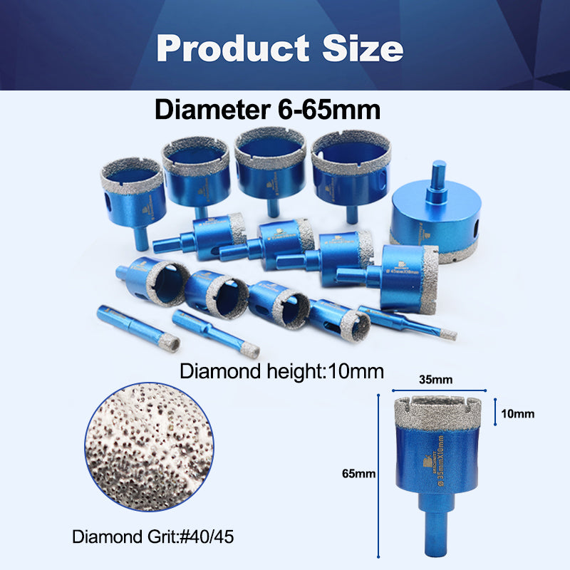 BRSCHNITT Diamant-Bohrkronen, 1 Stück oder 2 Stück, Durchmesser 43–65 mm, mit Dreieckschaft, Bohren von Keramik, Marmor, Granit, Porzellan, Fliesen, vakuumgelötete Lochsäge