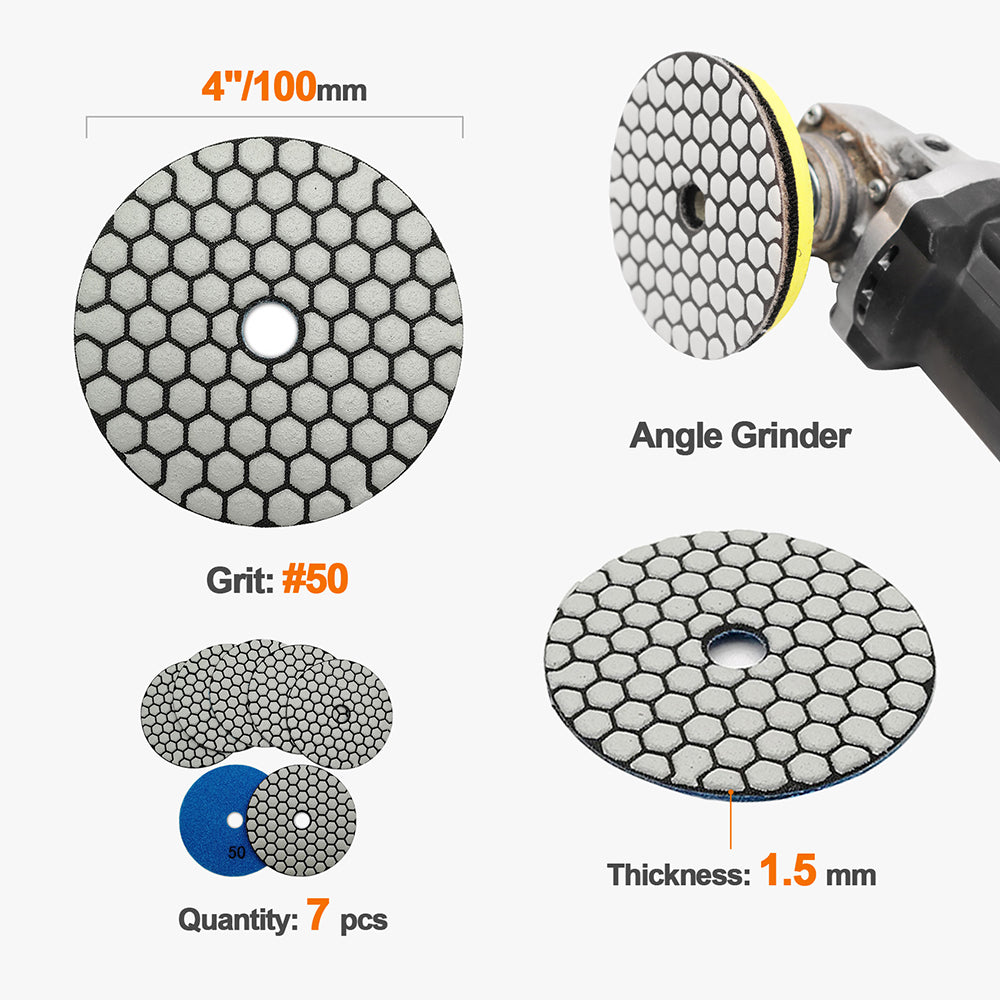 BRSCHNITT DDiamond Dry Polishing Pads 4" 7pcs/set Polishing Granite Marble Ceramic Artifical Stone Sanding Disc