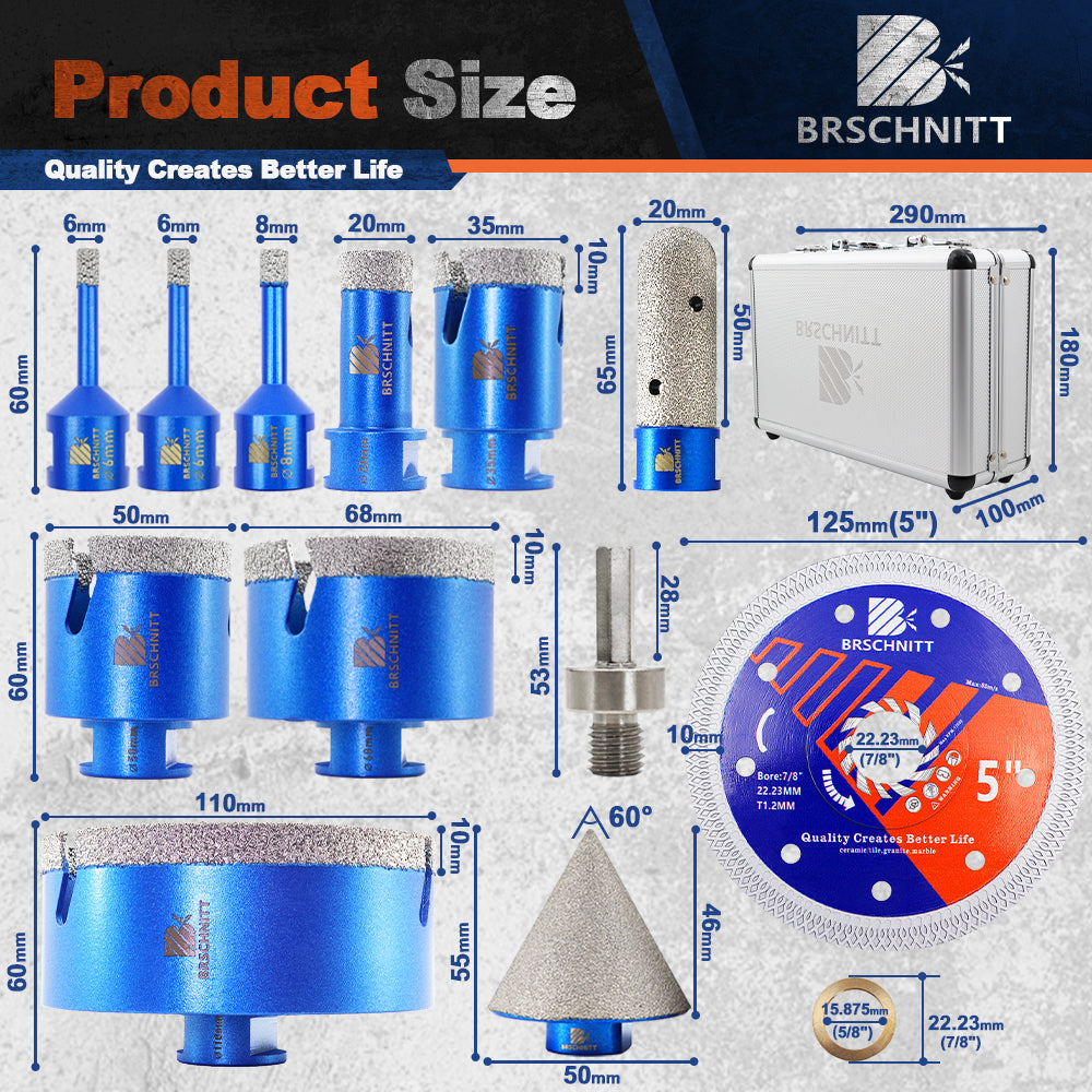 BRSCHNITT 12pcs 6-110mm Diamond Drill Bits Kit Milling Bit 2inch/50MM Chamfer Bit 5 inch Tile Blade for Porcelain Tile Ceramic Stone Granite Marble