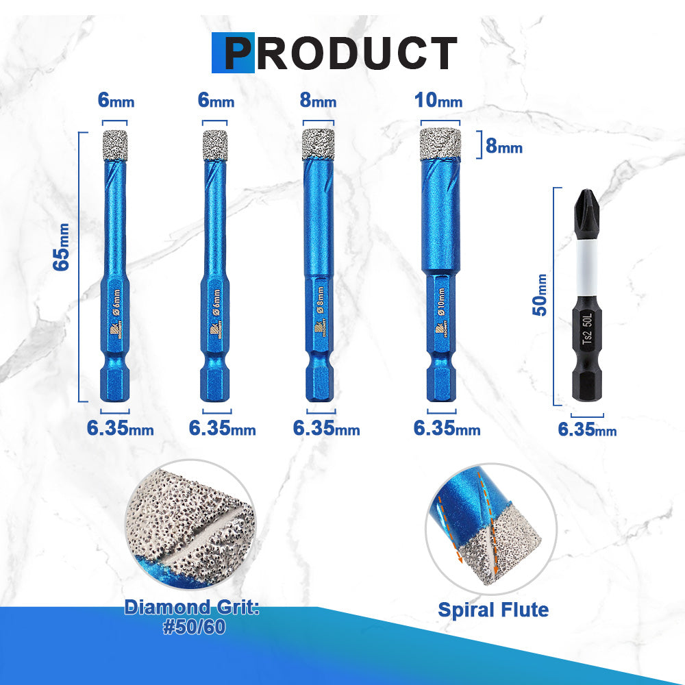 BRSCHNITT Diamond Drill Bits 5pcs/set 6/6/8/10MM Core Bits Diamond Drill Bits PH2 Screwdriving Bits Quick Fit Shank for Granite Marble Masonry