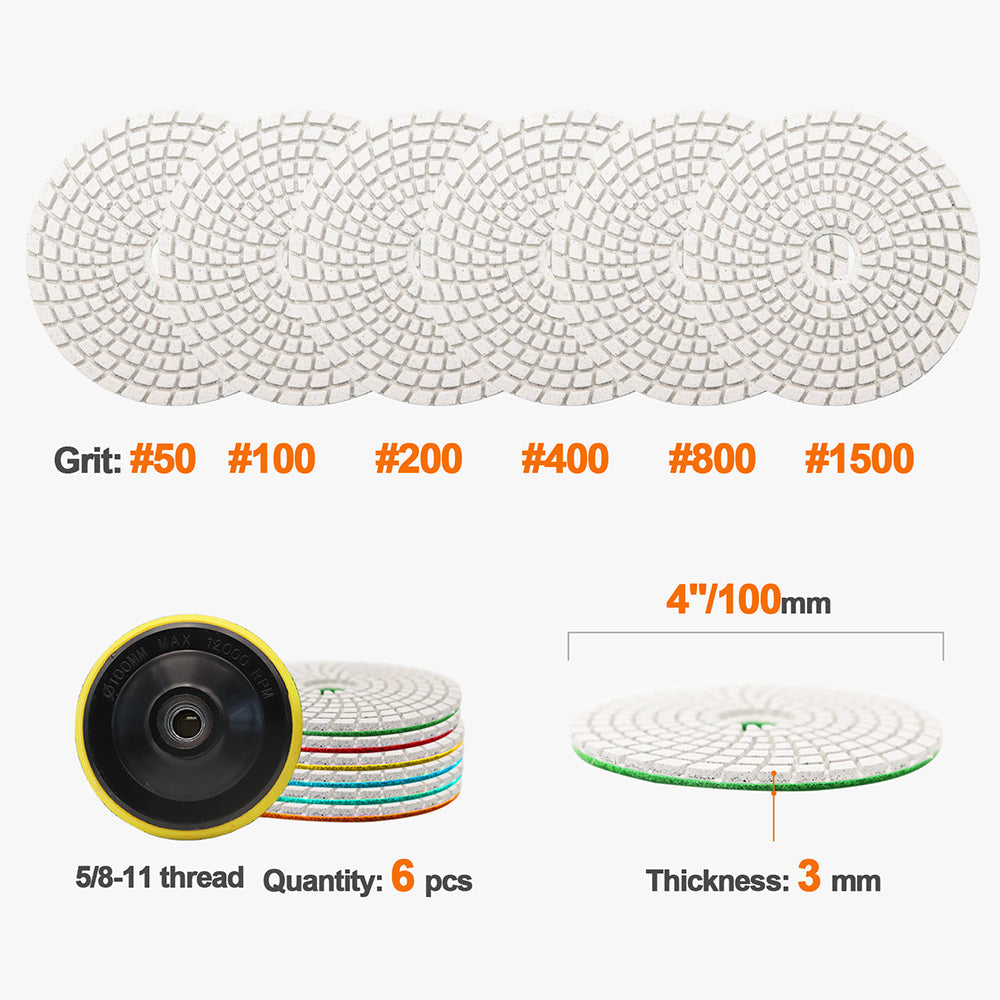 BRSCHNITT Wet Diamond Flexible Polishing Pads 4inch 6pcs /set Polishing Granite Marble Ceramic Artifical Stone Sanding Disc