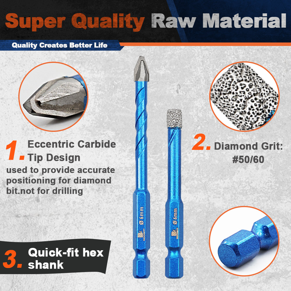 BRSCHNITT Carbide Tip Quick Shank Drill Bit Set 5-12mm for Wood Marble Plastic