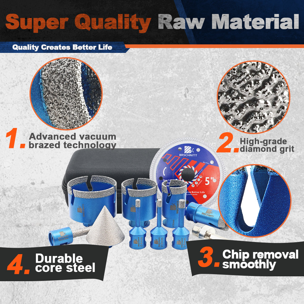 BRSCHNITT 11pcs M14 Diamond Hole Saw Kit 6-68mm with Chamfer Bit Adapter for Tile Marble Granite