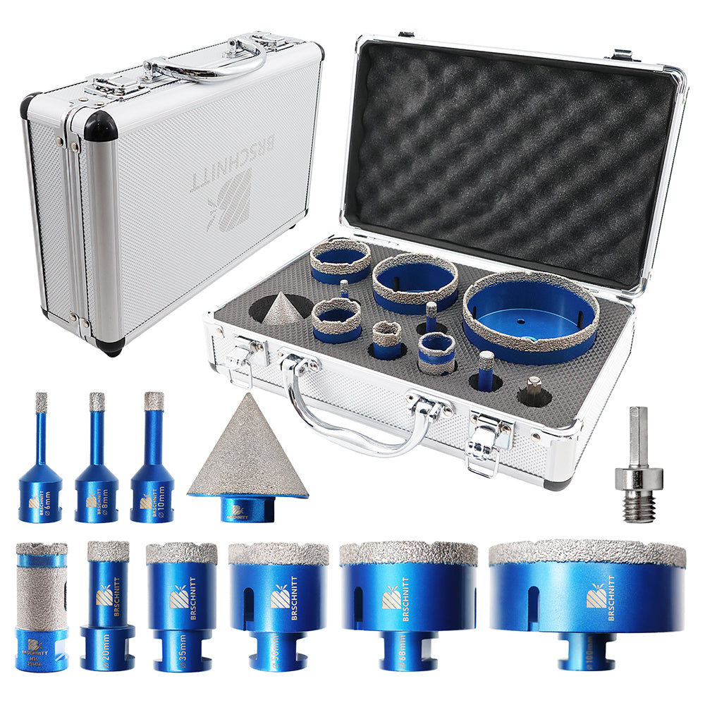 BRSCHNITT M14 Diamond Hole Saw Set 11pcs 6-100mm Core Bits with 50mm Chamfer Bit for Tile Stone