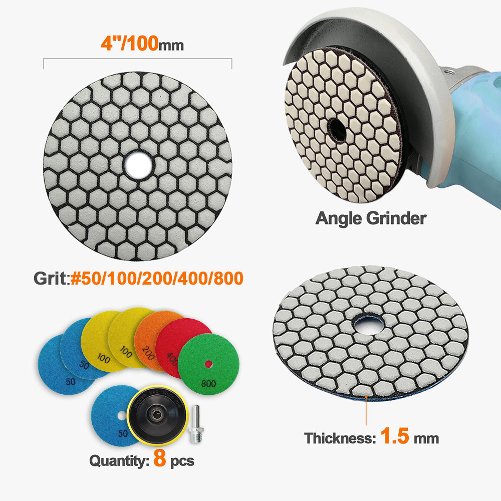 BRSCHNITT 4 Inch Dry Diamond Polishing Pads Set 50-800 Grit with 5/8"-11 Backer for Granite Marble Concrete Quartz