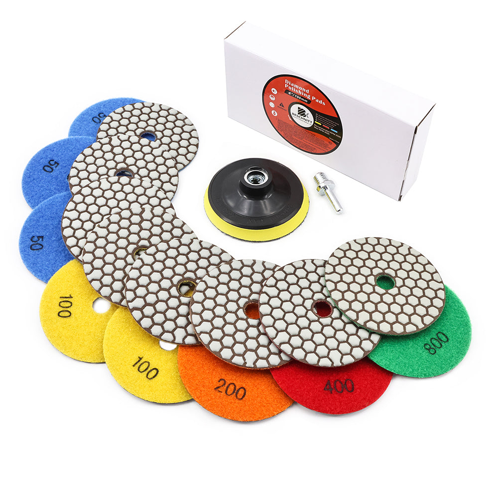 BRSCHNITT 4 Inch Dry Diamond Polishing Pads Set 50-800 Grit with 5/8"-11 Backer for Granite Marble Concrete Quartz