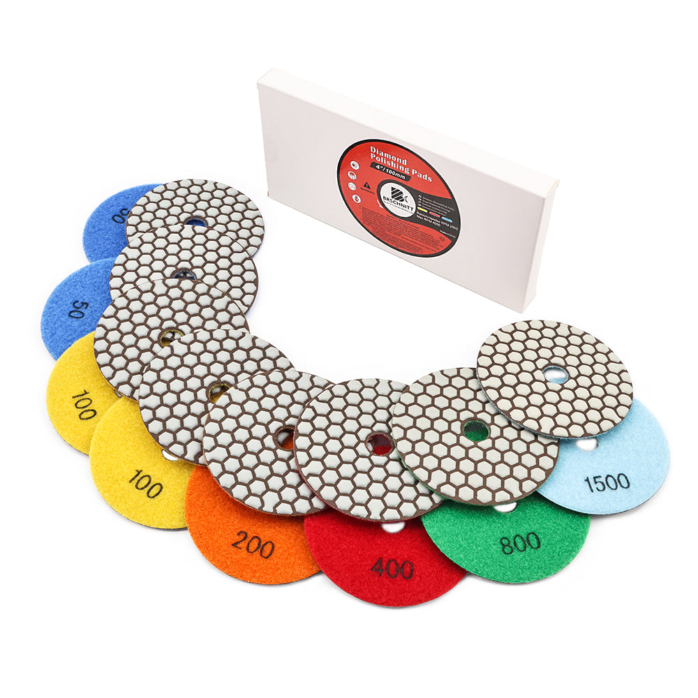 BRSCHNITT 8pcs Set Dry Diamond Polishing Pad Set 4" with M14 Backer for Granite Marble Concrete Quartzing with M14 Backer Pad Adapter