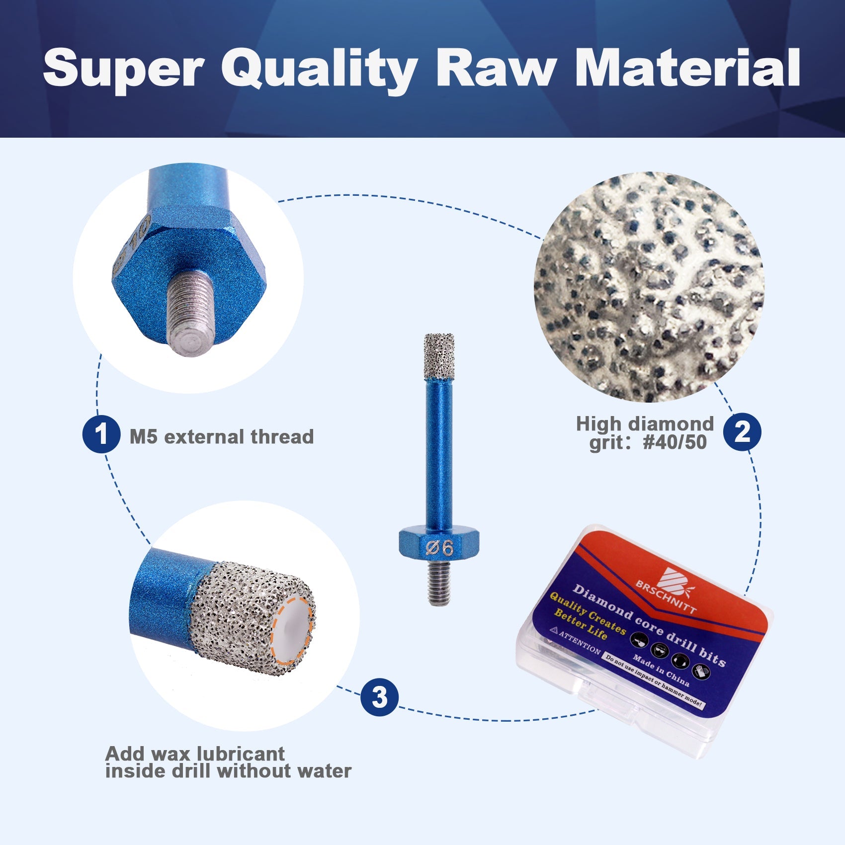 BRSCHNITT M5 Thread Diamond Dry Core Drill Bit 5-10mm for Porcelain Tile Granite Marble Vacuum Brazed