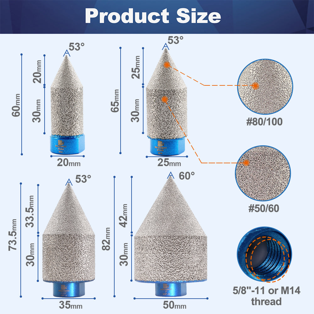 BRSCHNITT Diamant-Fasenfräser-Fingerbits, vakuumgelötet, 1 Stück, Durchmesser 20/25/35/50 mm, Formfräsen, Vergrößern von Fasenlöchern, Keramikfliesen, Granit