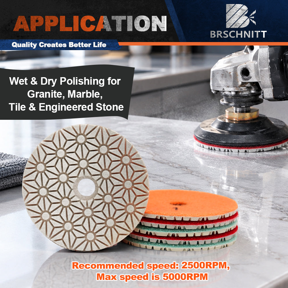 BRSCHNITT Dry & Wet 3-Step Diamond Polishing Pad Set for Granite Quartz Marble Stone Polishing