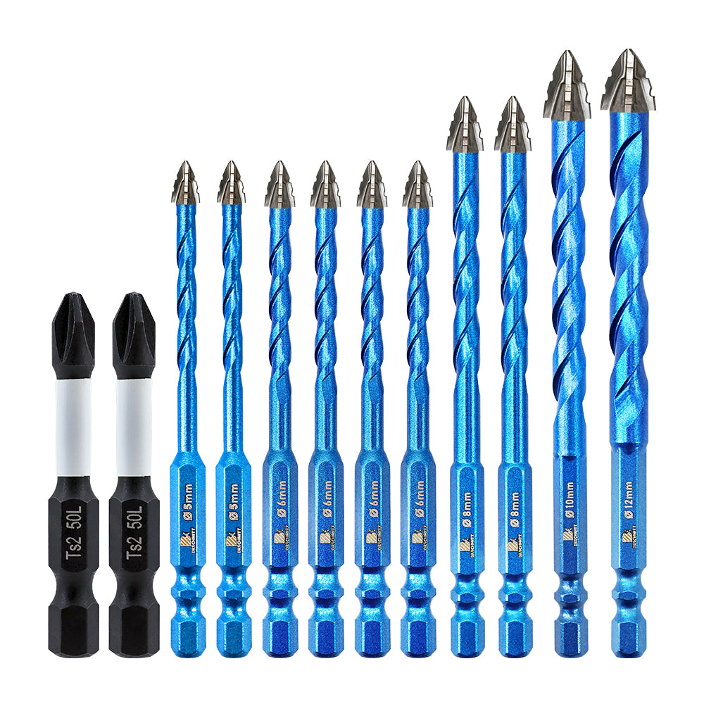 BRSCHNITT Hex Shank Serrated Carbide Masonry Drill Bit Set 12pcs with Phillips Bits for Brick Ceramic Tile Wood Plastic