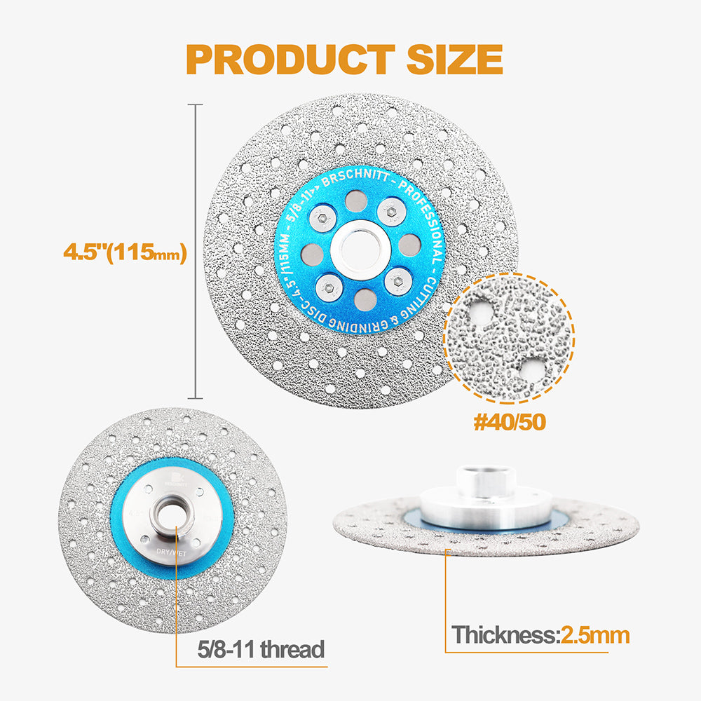 BRSCHNITT Diamond Cutting Grinding Saw Blades 1pc or 2pcs Dia 4.5"/115mm for Stone Tile Concrete Marble Granite Vacuum Brazed Cutting Disc 5/8"-11 Thread
