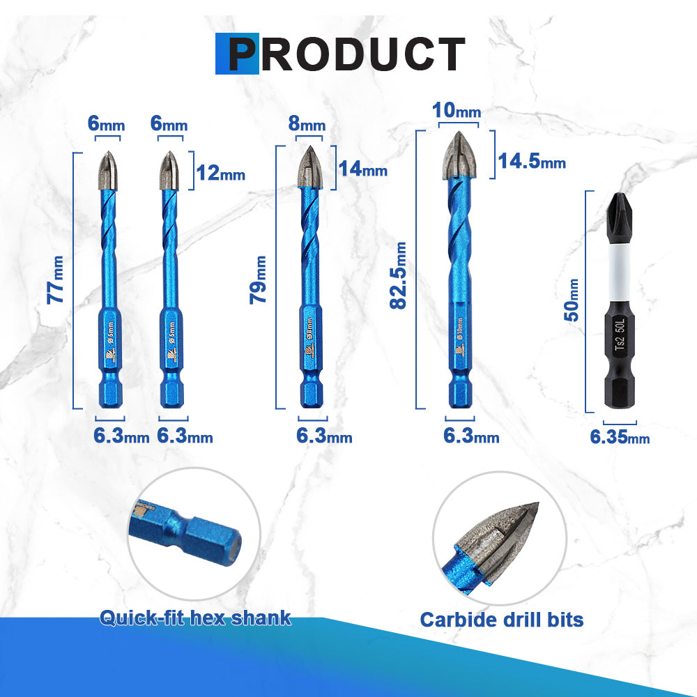 BRSCHNITT Diamond Drill Bits 5pcs/set 6/6/8/10MM Carbide Drill Bits PH2 Screwdriving Bits Quick Fit Shank for Granite Marble Masonry