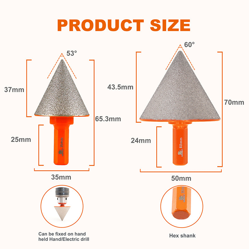 BRSCHNITT M14 & 5/8"-11 & Hex Shank Diamond Chamfering Bit 35-50mm for Porcelain Tile Hole Enlarging Vacuum Brazed