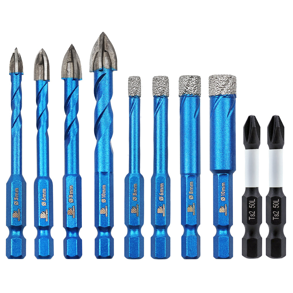 BRSCHNITT Diamantbohrer, 10 Stück/Set, 5/6/8/10 mm, Kernbohrer, Diamantbohrer, 5/6/8/10 mm, Hartmetallbohrer, PH2-Schraubendreher-Bits, Schnellspannschaft für Granit, Marmor, Mauerwerk