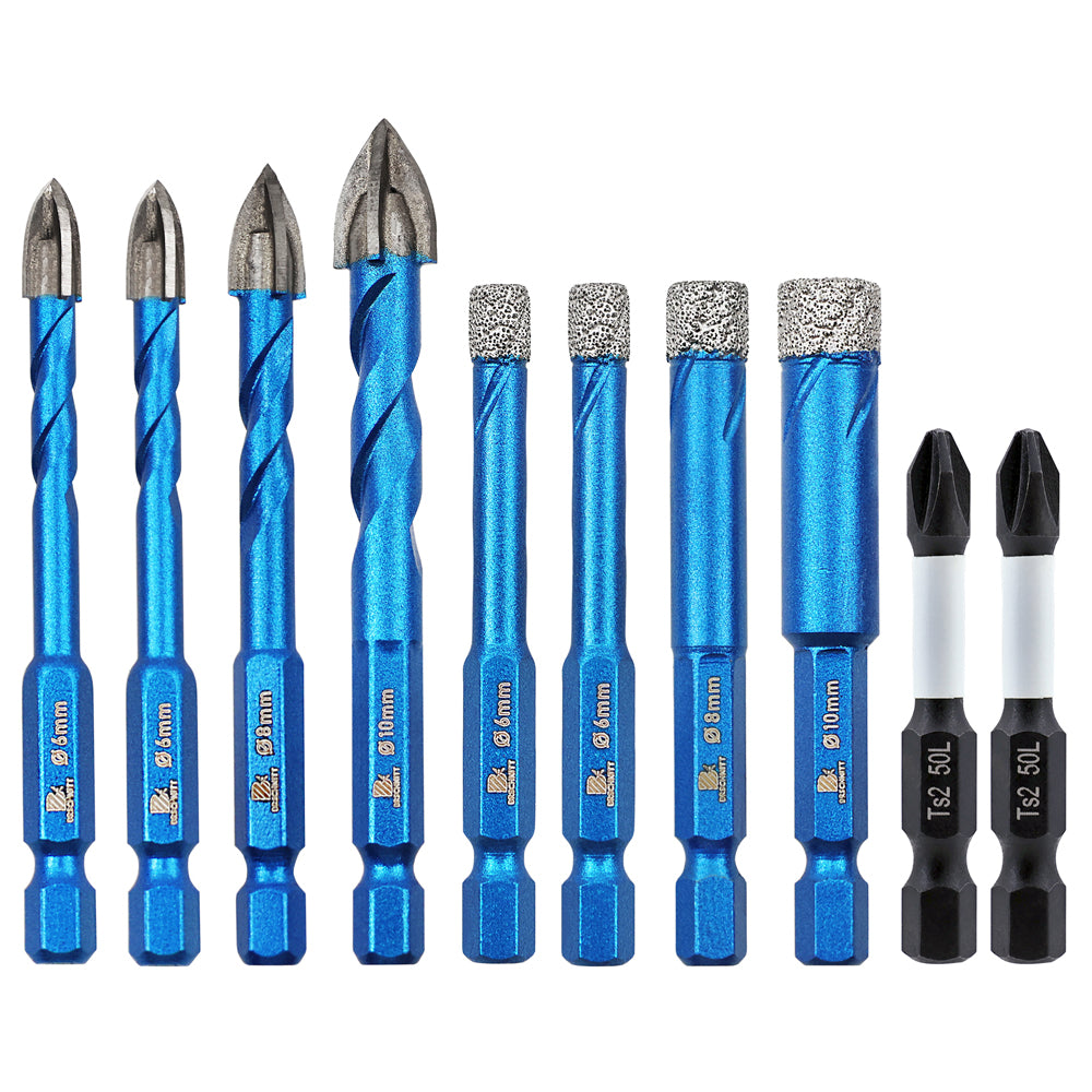 BRSCHNITT Diamantbohrer, 10 Stück/Set, 6/6/8/10 mm, Kernbohrer, Diamantbohrer, 6/6/8/10 mm, Hartmetallbohrer, PH2-Schraubendreher-Bits, Schnellspannschaft für Granit, Marmor, Mauerwerk