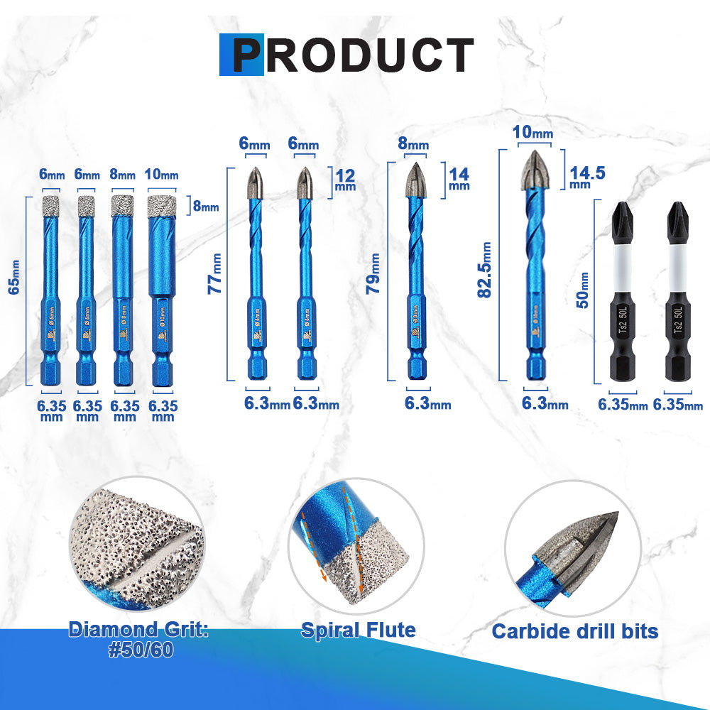 BRSCHNITT Diamantbohrer, 10 Stück/Set, 6/6/8/10 mm, Kernbohrer, Diamantbohrer, 6/6/8/10 mm, Hartmetallbohrer, PH2-Schraubendreher-Bits, Schnellspannschaft für Granit, Marmor, Mauerwerk