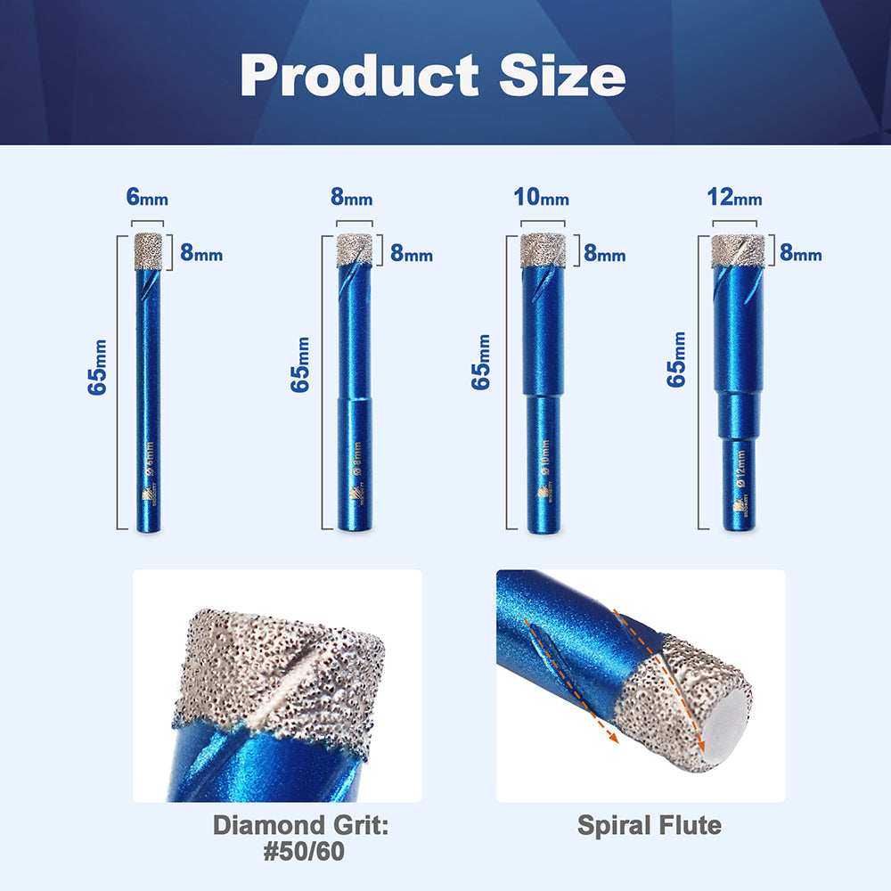 BRSCHNITT Diamond Dry Drill Bit Vacuum Brazed 5pcs Dia 6/6/8/10/12mm Drilling Marble Granite Ceramic Round Shank Core Bit