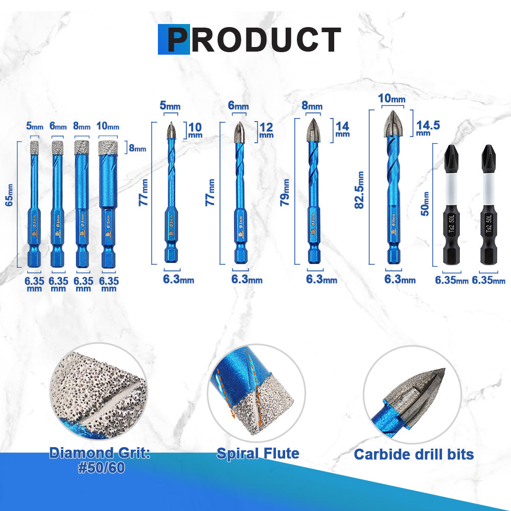 BRSCHNITT Diamantbohrer, 10 Stück/Set, 5/6/8/10 mm, Kernbohrer, Diamantbohrer, 5/6/8/10 mm, Hartmetallbohrer, PH2-Schraubendreher-Bits, Schnellspannschaft für Granit, Marmor, Mauerwerk