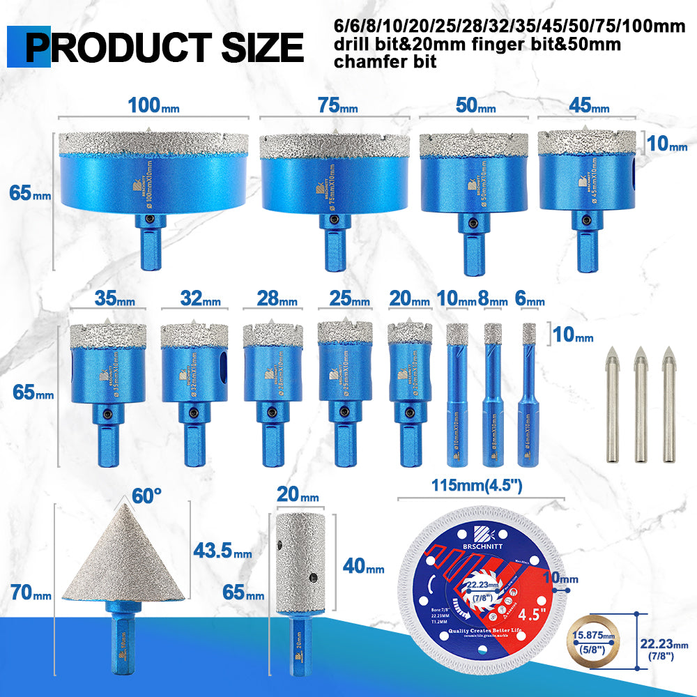BRSCHNITT 18pcs Triangle Shank Diamond Dry Core Drill Bit Set 6-100mm with Tile Blade for Porcelain Tile