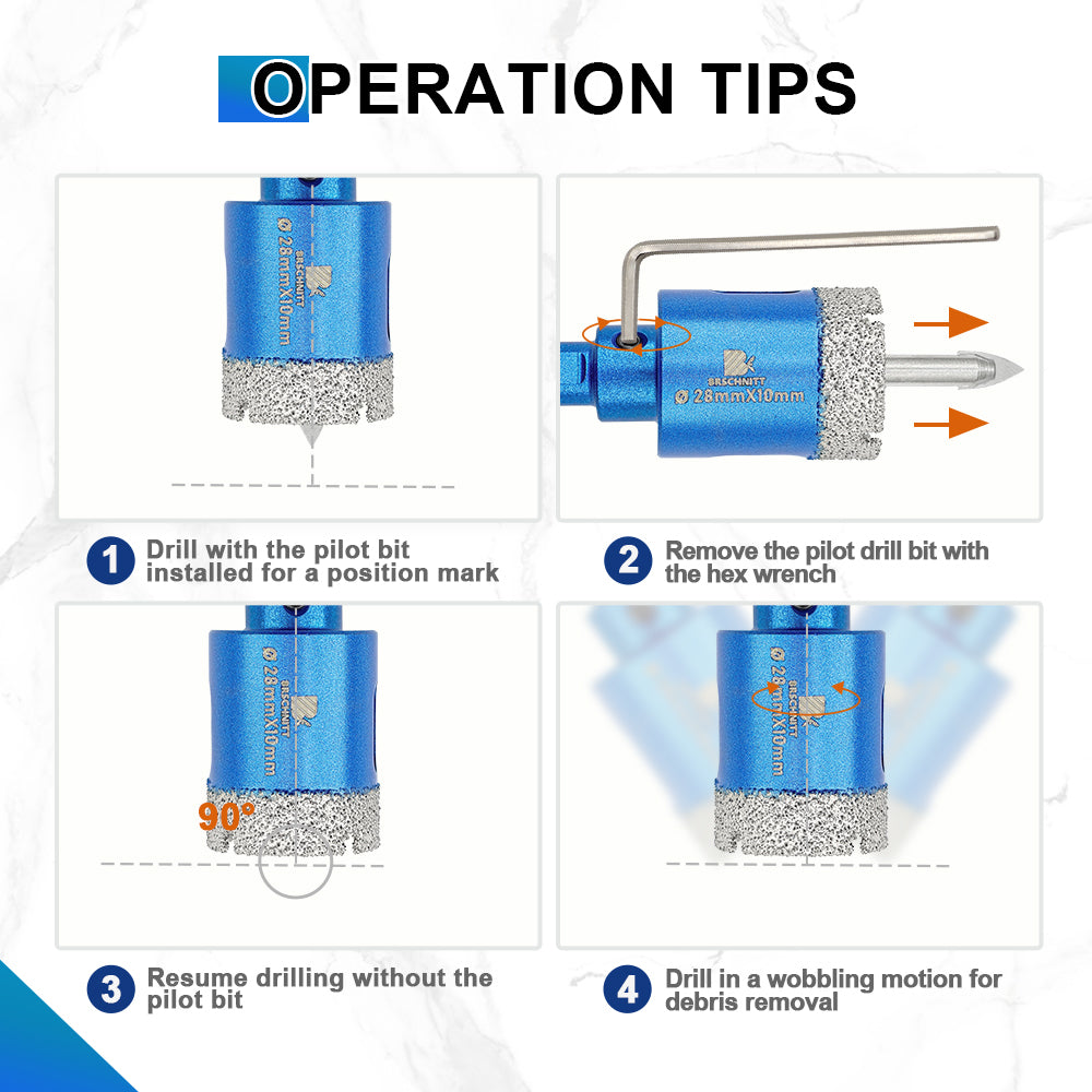BRSCHNITT 17pcs Triangle Shank Diamond Dry Drill Bit Set 6-65mm with Tile Blade for Tile Granite Marble Stone