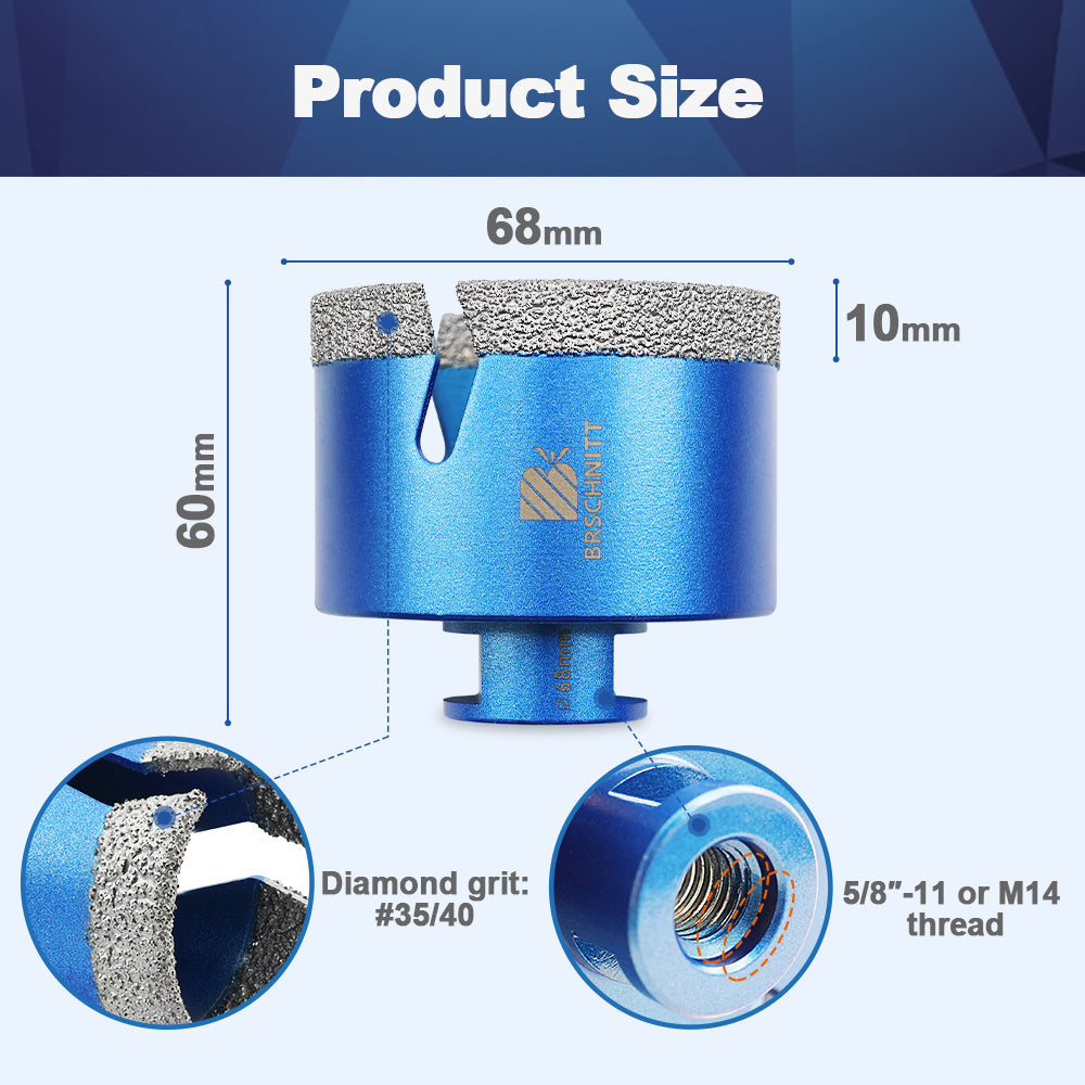 BRSCHNITT M14 Thread Diamond Dry & Wet Hole Saw with Lightning Teeth 25-68mm for Porcelain Tile Granite Marble