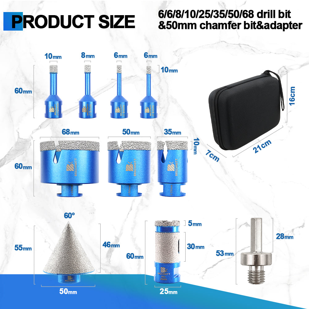 BRSCHNITT 10pcs M14 Diamond Drill Bit Set 6-68mm Lightning Teeth Dry & Wet with Milling & Chamfer Bits for Tile Granite