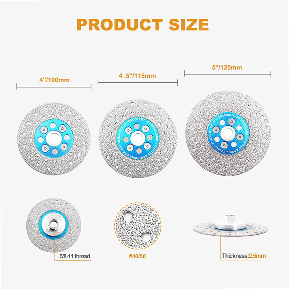BRSCHNITT Diamond Cutting Grinding Saw Blades 1pc or 2pcs Dia 4"/4.5"/5" for Marble Granite Stone Tile Concrete Vacuum Brazed Cutting Disc 5/8"-11 Thread