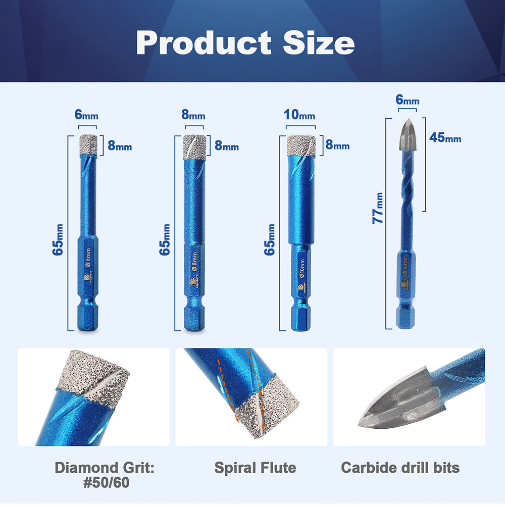 BRSCHNITT Hex Shank Diamond Dry Hole Saw Set 6-14mm with 6mm Pilot Hole for Granite Vacuum Brazed